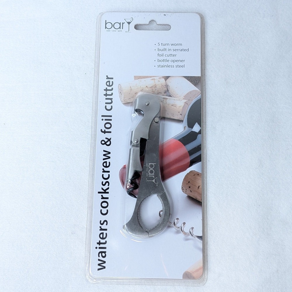 NEW BarY3 Stainless Steel Waiter's Corkscrew Wine Bottle Opener & Foil Cutter
